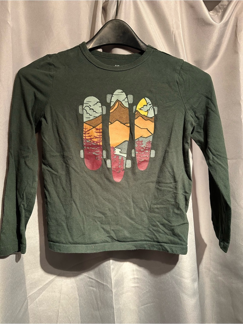 GAP Dark Green Long-Sleeve Tee with Mountain Skateboard Graphic